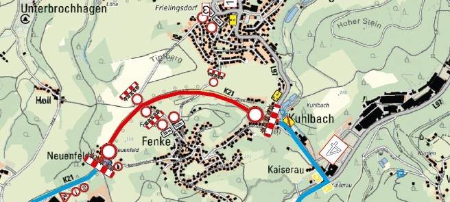 Weiträumige Umleitungen - K 21 bei Lindlar-Neuenfeld voll gesperrt